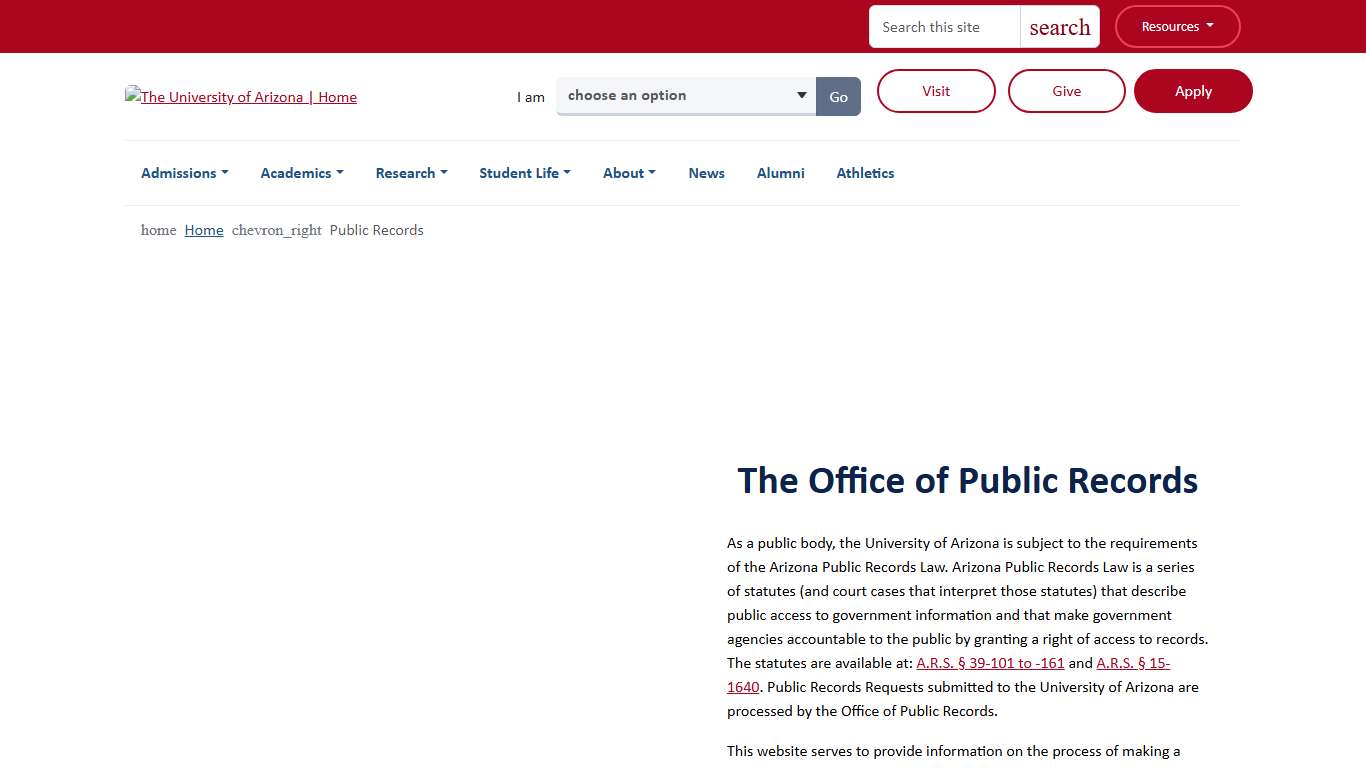 Public Records The University of Arizona